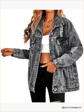 Oversized Boyfriend Denim Jacket Ripped Distressed Cotton Polyester Blend